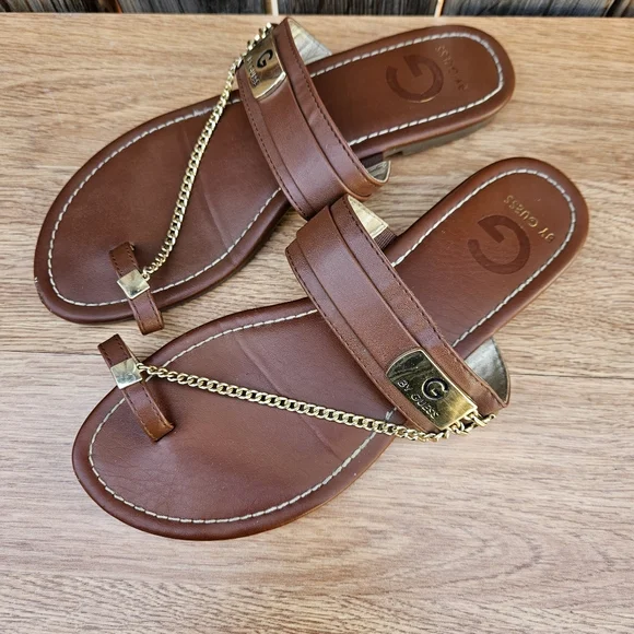 G By Guess Brown Leather Sandals with Gold Chain Size 8 - Picture 3 of 16